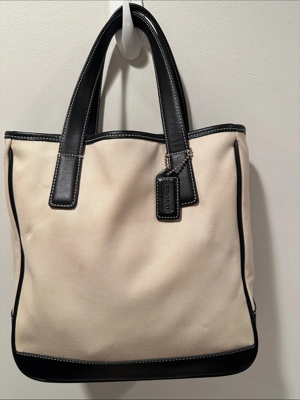 Coach Vintage Hampton Two-Tone Canvas and Leather Tote Bag in Cream and Black